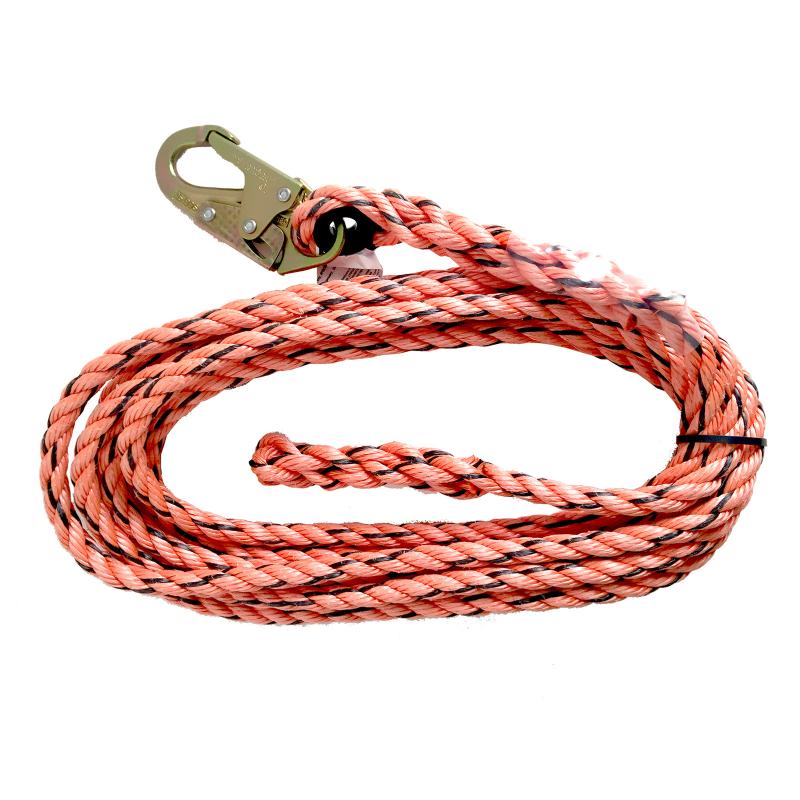 Ligne de vie verticale, corde en polysteel de 16 mm à une terminaison, mousqueton 3/4, 25' à 250