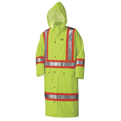 FR Waterproof Hi-Viz Safety Long Coats - PU Stretch - Det. Hood